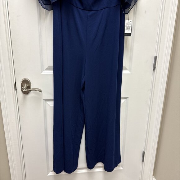 New Adrianna Papell Size 16 W Navy Off-Shoulder Organza-Sleeve Cocktail Jumpsuit - Picture 8 of 14